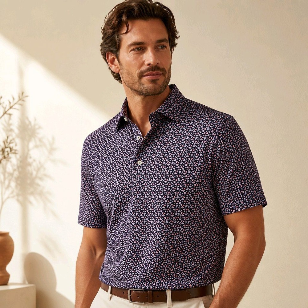 Donald Ross Large Navy Pink Floral Print Performance Polo Shirt